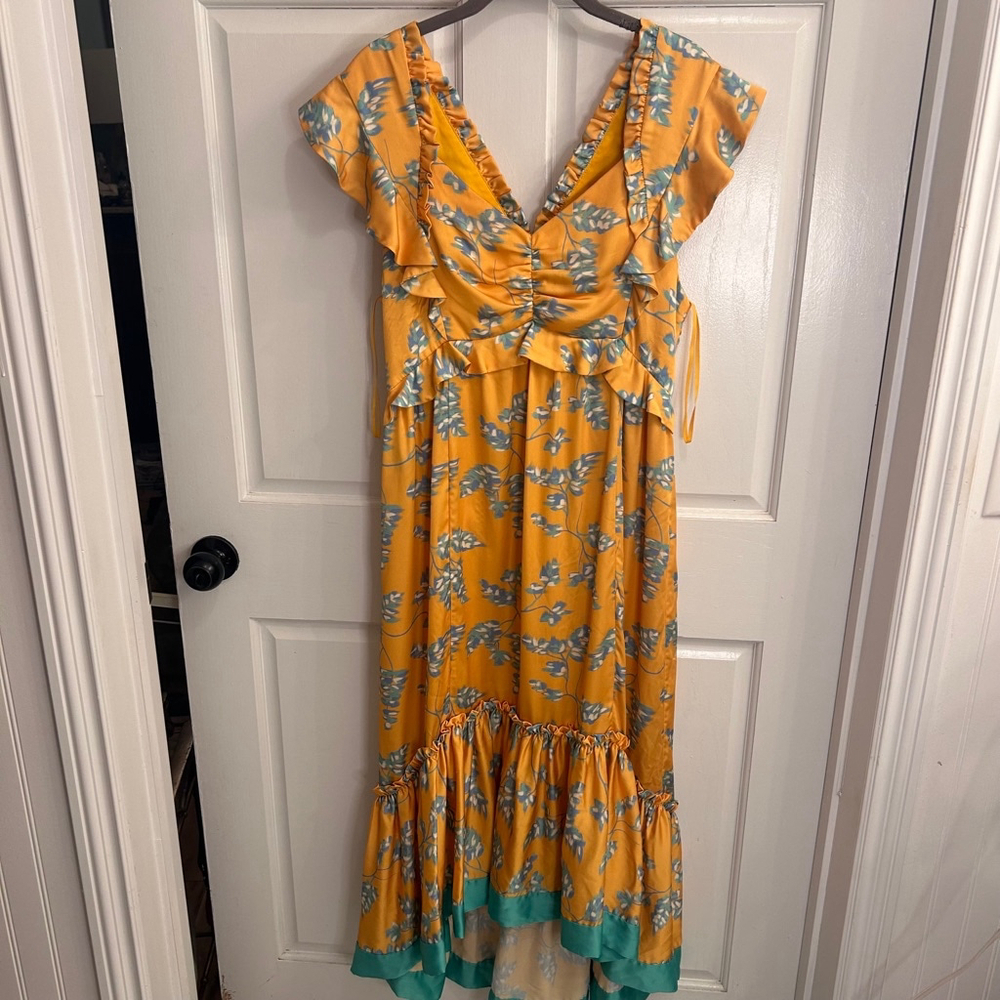 Women's Three Floor Floral Maxi Dress L Yellow Green